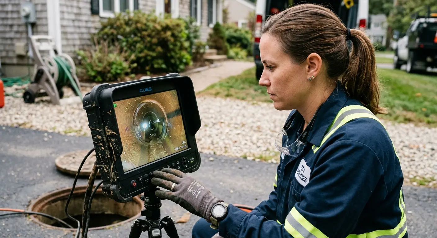 Technician reviewing sewer camera inspection footage in Johnson City