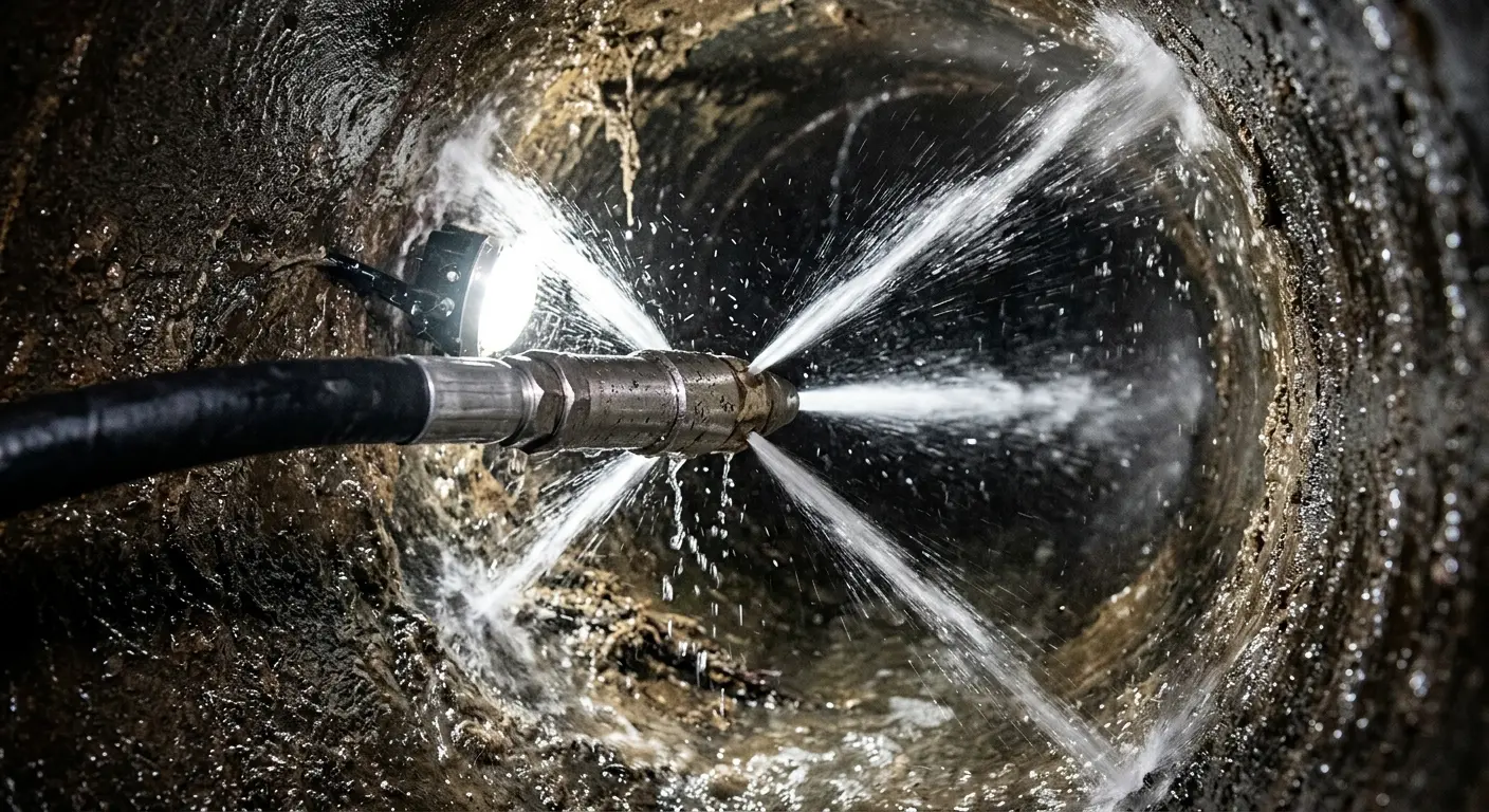 High-pressure hydro jetting nozzle cleaning sewer pipe for Emergency Drain Service in Johnson City