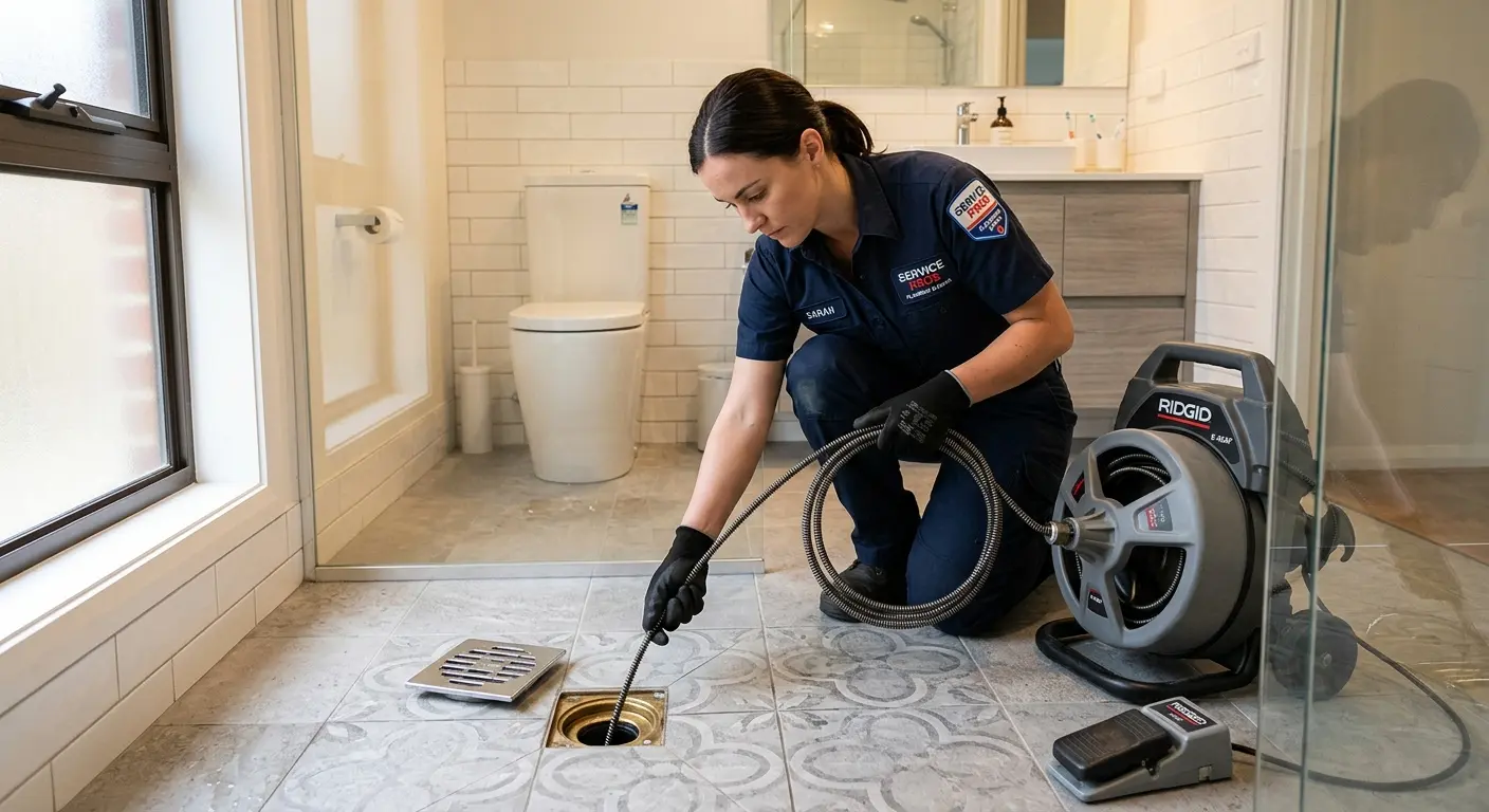 Technician clearing a bathroom floor drain for Clogged Drain Repair in Johnson City